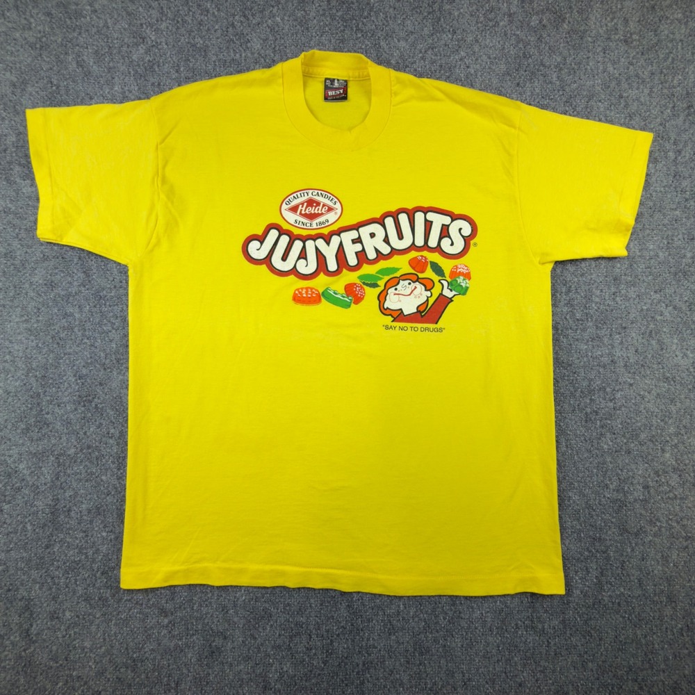 Vintage 80s Jujyfruits Say No To Drugs T Shirt XL Yellow Fruit of the Loom Best - Picture 1 of 8